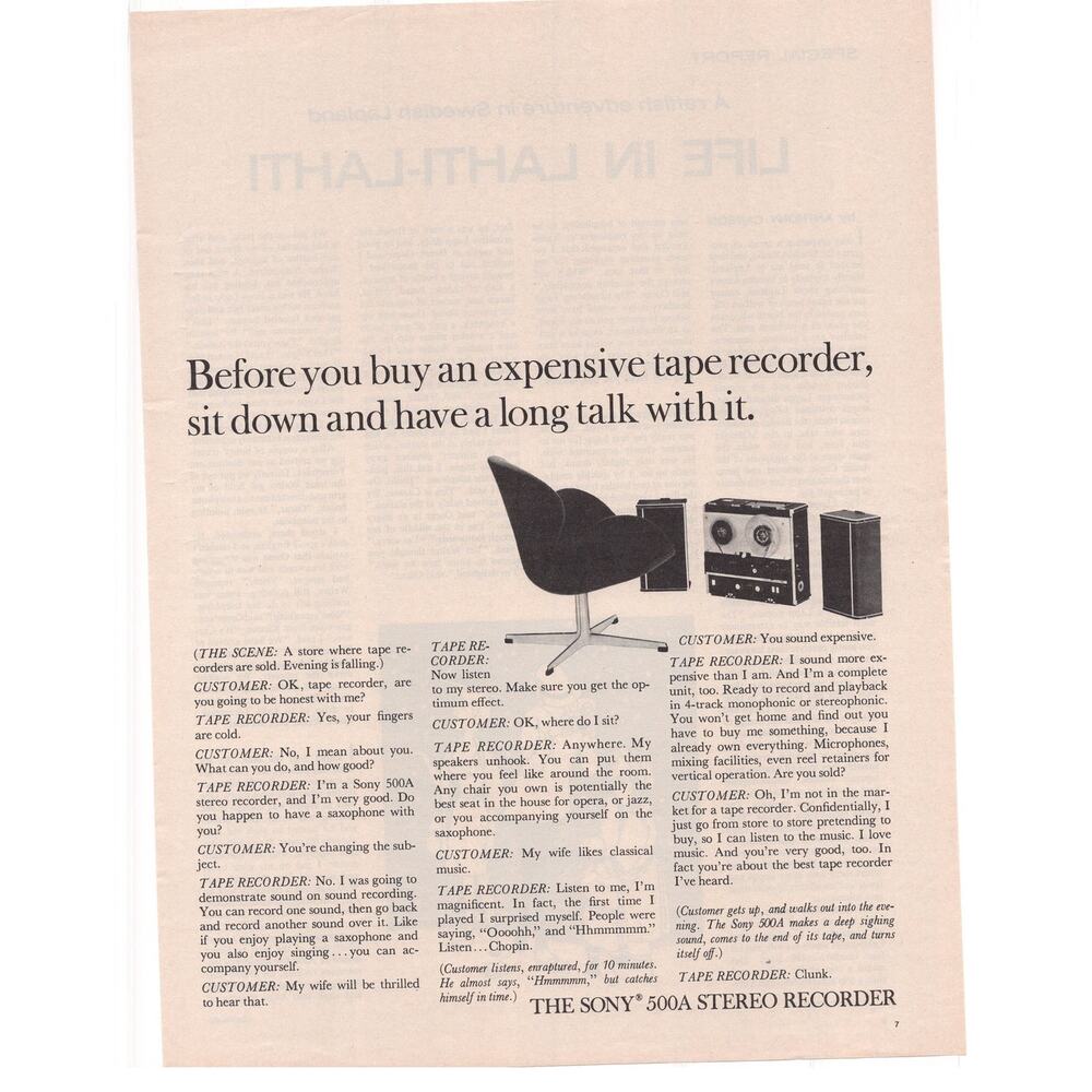 Sony 500A Stereo Recorder Magazine Advertisement 1964 Vintage Home Audio Tape